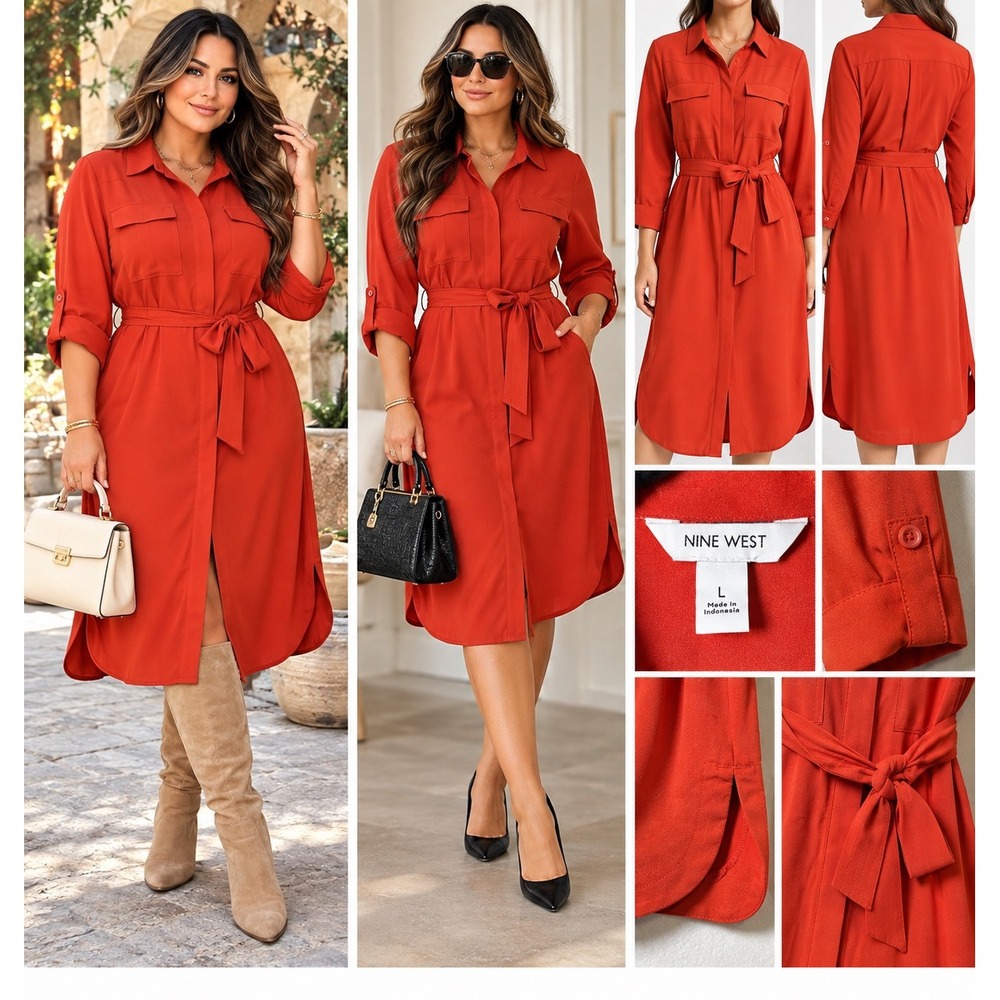 Nine West Womens Red Long Sleeve Belted Button Down Shirt Dress Large NWT